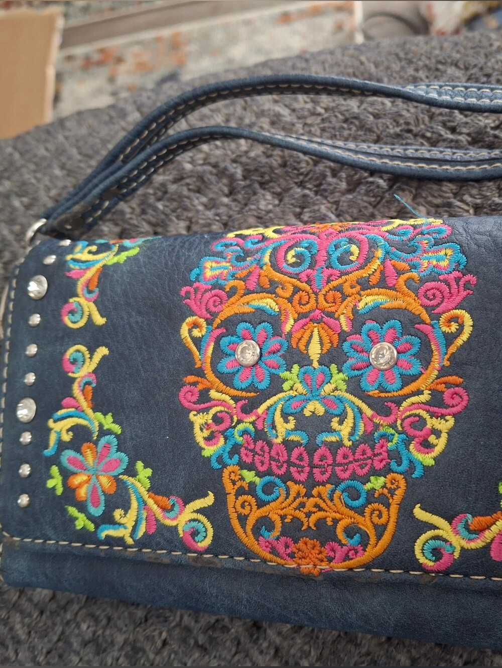 Embroidered Sugar Skull Wallet Clutch- Navy